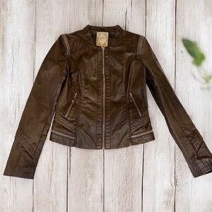 Downtown Coalition Women’s Chocolate Brown Vegan Leather Full Zip Jacket Size XS